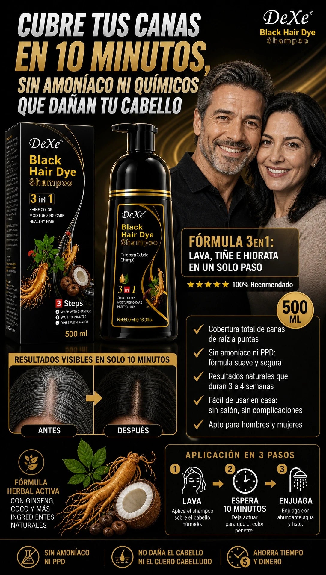 shampoo con tinte cubre canas negro